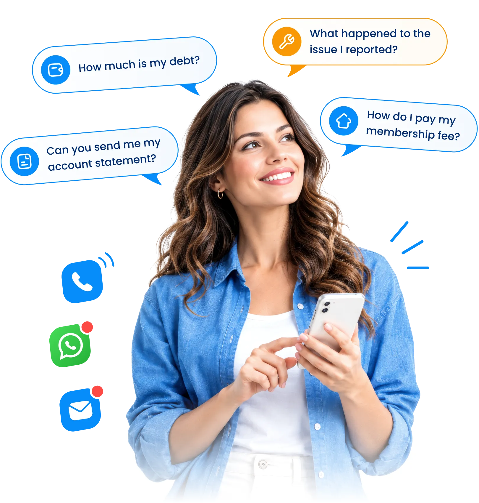 Smiling woman looking at her phone, surrounded by questions about debt, faults, statements and dues