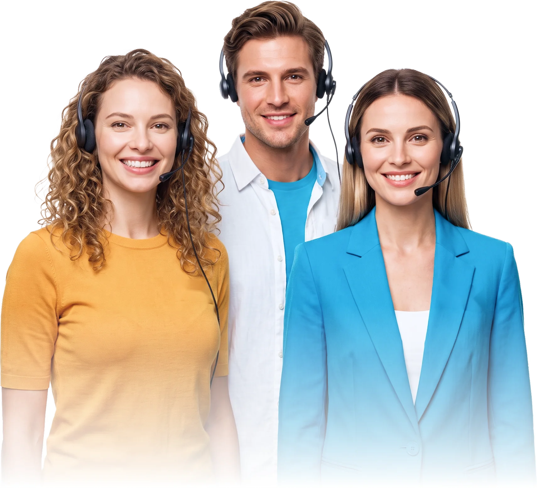Three call center assistants wearing headsets